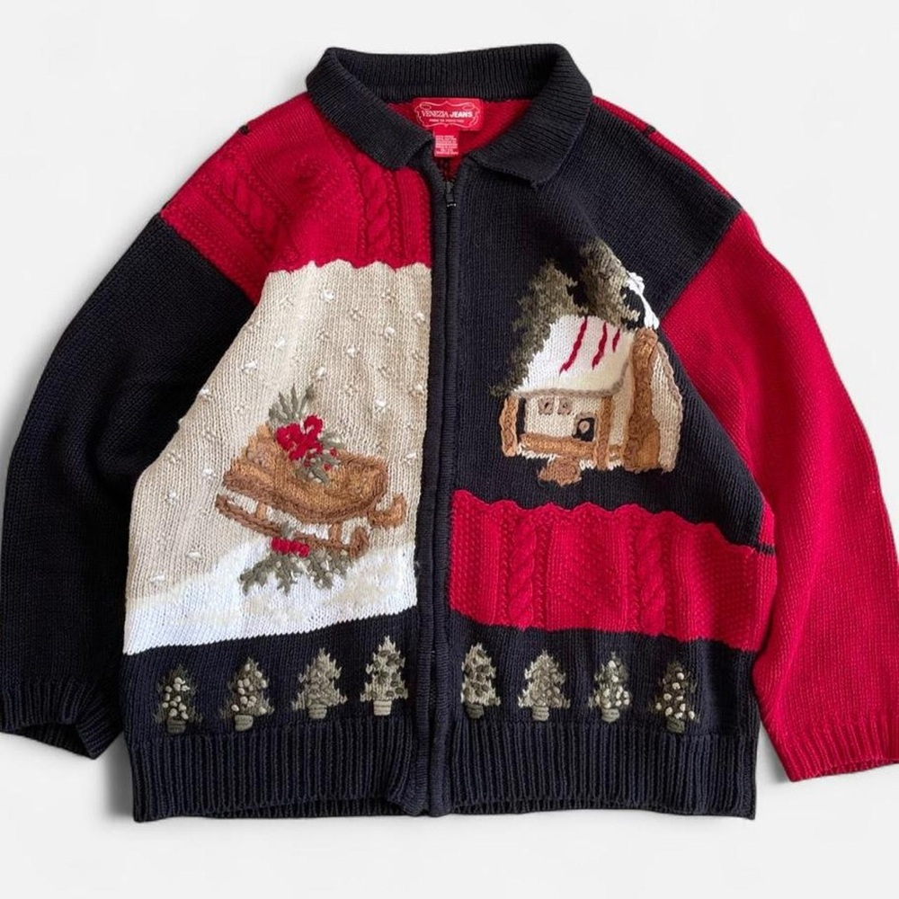 Vintage Venezia Jeans Red Black Knit Embroidered Christmas Cabin Tree Cardigan